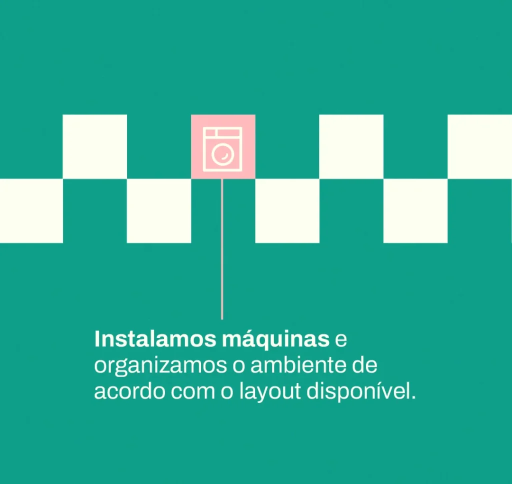 Ícone de máquina de lavar em fundo verde xadrez com o texto: Instalamos máquinas e organizamos o ambiente de acordo com o